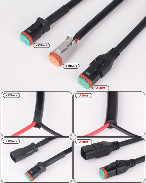 Close-up of 2-In-1 2ft Universal DT Splitter Wiring Harness With Plug-And-Play 2-Pin Extension Kit connectors and wiring details