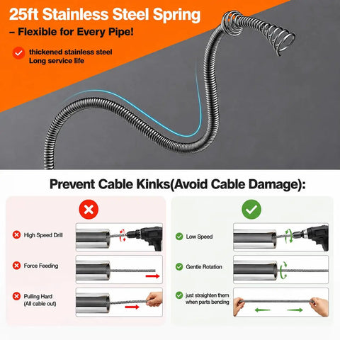 Twenty Five Foot Flexible Steel Drain Auger With Drill Adapter For Shower And Tub Unclogging Of Hair And Grease Built Like A Tank cable management guide