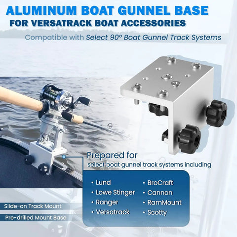 90 Degree Boat Track Mount Bracket For Versatrack, Cannon, Lund, Scotty, Ranger And More Aluminum Pre Drilled Gunnel Track Mount For Rod Holders And Marine Accessories. Pre-drilled aluminum mount base, shown with rod holder installed.