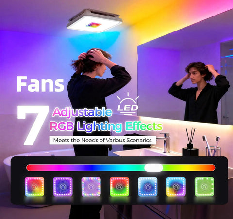 Person using Exhaust Fan With Light And Remote, Ceiling Mounted Bathroom Vent Fan With Lit RGB Lights, illuminating bathroom
