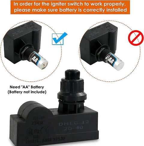 Two Outlet Push Button Grill Igniter Kit For Char Broil Grills showing correct AA battery installation