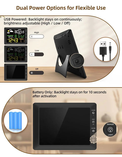 Indoor Outdoor Wireless Weather Station With Large Six Point Seven Inch LCD Display Digital Thermometer Hygrometer Barometric Pressure Real Time Weather Forecast Alarm Clock Temperature And Humidity Calibration For Home showing dual power options with USB and battery.