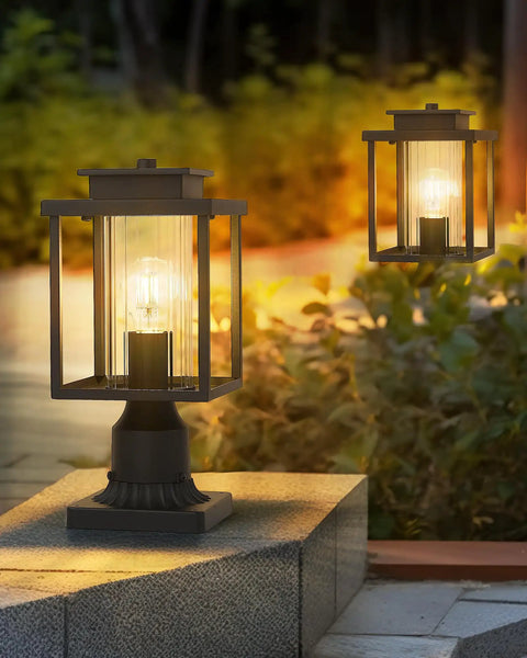 Sleek Outdoor Post Light Set 2 Pack With 1 Light Each Exterior Lantern On Pier Mount Base Black Finish Cylinder Glass