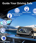 Ride-Ready TPMS For RV, Truck, And Trailer With 6 Sensors, 0-217 PSI, Bright 3-Level LCD Display And Time Display, Type-C And Solar Charging, 2-Minute Setup, 7 Smart Alerts For Pressure, Temperature, Leaks, Sensor Fault, And Battery, IP68 on dashboard display