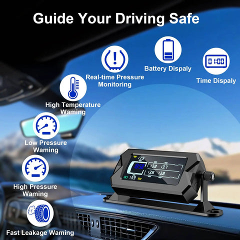 Ride-Ready TPMS For RV, Truck, And Trailer With 6 Sensors, 0-217 PSI, Bright 3-Level LCD Display And Time Display, Type-C And Solar Charging, 2-Minute Setup, 7 Smart Alerts For Pressure, Temperature, Leaks, Sensor Fault, And Battery, IP68 on dashboard display