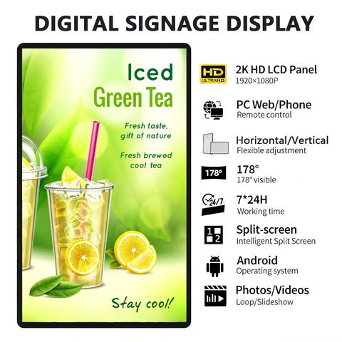 Straight Fire 15.6 Inch Digital Signage Display With 1080P LCD Panel showcasing iced green tea in vibrant colors.