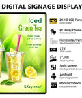 Digital signage display showcasing iced green tea with fresh ingredients, 10.1 inch size for coffee shops and boutiques.