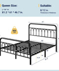 Rock Solid Queen Size Metal Platform Bed Frame With Victorian Scrollwork Headboard Straight Up Classic Look Plus Legit Vintage Charm For Cozy Master Bedrooms Black Finish dimensions showing queen size and sturdy design.