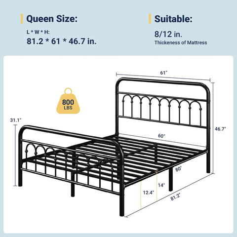 Rock Solid Queen Size Metal Platform Bed Frame With Victorian Scrollwork Headboard Straight Up Classic Look Plus Legit Vintage Charm For Cozy Master Bedrooms Black Finish dimensions showing queen size and sturdy design.