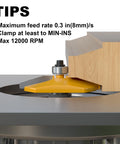 Bevel Raised Panel Router Bits 1/2 Inch Shank for Cabinet Doors in use with wood showing cut depth and tips.