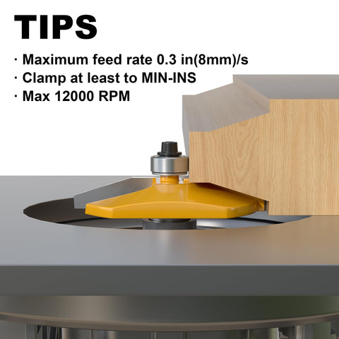 Bevel Raised Panel Router Bits 1/2 Inch Shank for Cabinet Doors in use with wood showing cut depth and tips.