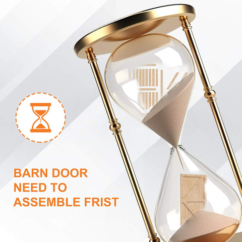 Double Sliding Barn Doors 42 Inch By 84 Inch With 8 Ft Single Track Bypass Hardware Kit Unfinished Spruce Wood Space Saving Design Easy To Install Maximum 73 Inch Opening Farmhouse Vibe Rustic Room Divider text overlay with hourglass background, illustrating time needed for assembly.