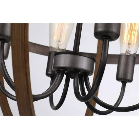 Close-up of Six-Light Orb Chandelier with E26 sockets in Stardust finish, showcasing rustic metal arms and Edison-style bulbs.