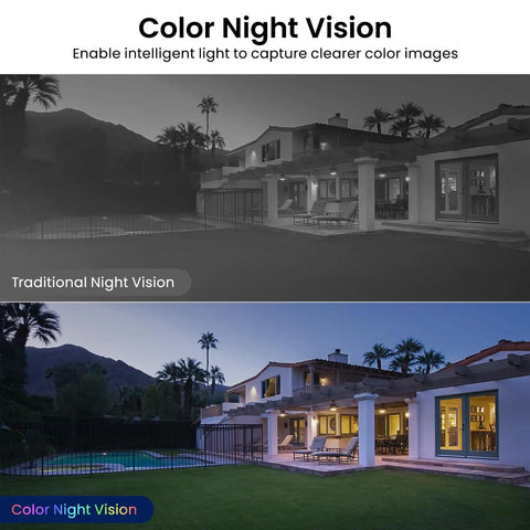 Comparison of traditional and color night vision using 2K Indoor Outdoor Security Camera System For Pets And Family Color Night Vision White Light Siren 24 Seven SD Recording Alexa Compatible Plug In C1 White 2 Pack 2 4GHz.