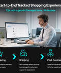 Customer support representative at desk handling start-to-end tracked shopping experience with monitor and headset.