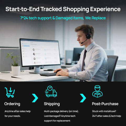 Customer support representative at desk handling start-to-end tracked shopping experience with monitor and headset.