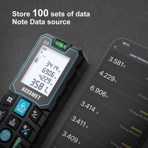 Pro Grade Laser Measure With App Connectivity, 229ft Range 70m, LCD Backlit Display showing data storage and mobile app sync.