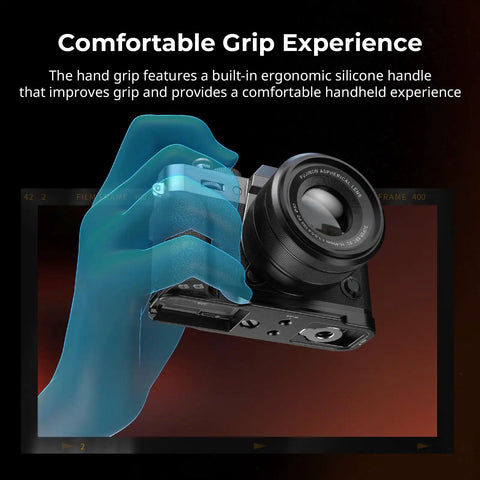 Dope Silicone L-Shape Handgrip for Fuji X-T30 Series Cameras highlighting ergonomic hold and quick release plate.