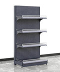 Badass Heavy Duty Seven Layer Gondola Shelving Rack For Neighborhood Convenience Stores And Groceries Rock Solid Gray Metal Display Stand with shelves.