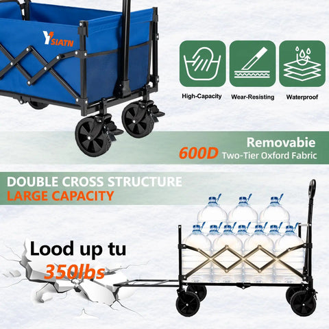 Collapsible Folding Wagon With Tailgate For 300lbs Heavy Duty Load shown with high-capacity oxford fabric and bottles