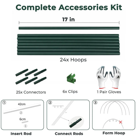 Garden Hoops for Raised Beds and Greenhouses, 24 Pack DIY Kit with detailed components and instructions
