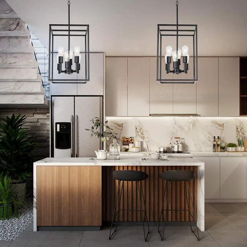 6 Light Black Farmhouse Pendant Chandelier With Square Cage Shades for kitchen dining room and entryway dimmable rustic modern