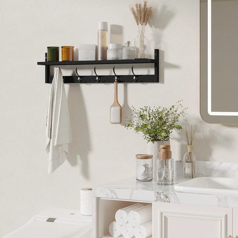 Heavy Duty Wall Mounted Shelf With Five Dual Hooks Straight Up Game Changer Entryway Coat Rack For Small Apartments Bathrooms And Bedrooms In Matte Black
