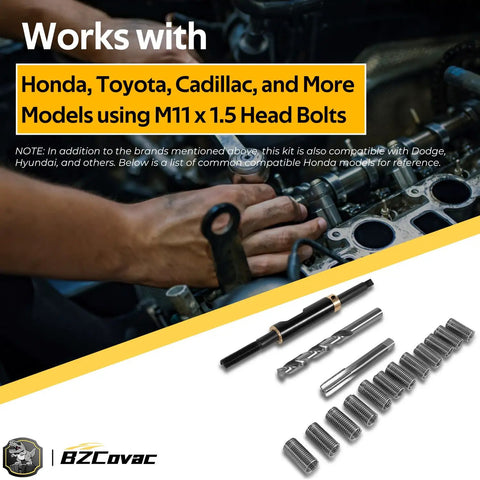 Hand using Shop Grade Cylinder Head Bolt Thread Repair Kit 11.5 Millimeter By 1.5 Pitch Inserts on Toyota Camry engine.