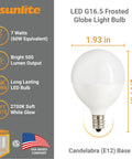 G16.5 Globe LED Bulbs 7W 60W Equivalent Dimmable E12 Candelabra Frosted Light Bulb 500 Lumens 2700K with specs