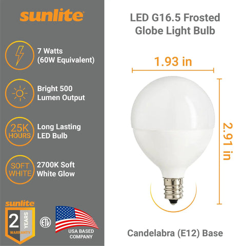 G16.5 Globe LED Bulbs 7W 60W Equivalent Dimmable E12 Candelabra Frosted Light Bulb 500 Lumens 2700K with specs