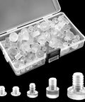 Transparent rubber bumpers assortment in a clear box. Straight Up Solid Protection No Hassle Install Premium Rubber Table Feet Bumpers Assorted Clear Sizes Non Adhesive Anti Slip Grips Quick Fix For Glass Furniture And Cabinets.