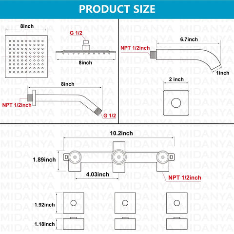Product size diagram of Three Handle Tub Shower Faucet Set With Rainfall Shower Head, Matte Black Square Wall Mount Trim Kit, 8 Inch Rain Bath System With Rough-In Valve, Tub Spout, Easy Install And Heavy Duty Brass Valve