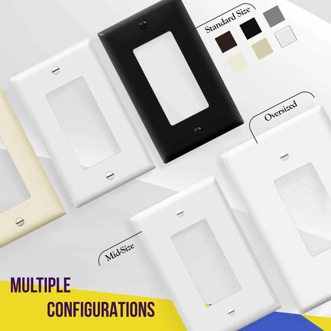 Various configurations of Decorator Light Switch And Receptacle Wall Plate Gloss Finish 5 Gang 4.50 By 10.03 Inches in multiple colors.