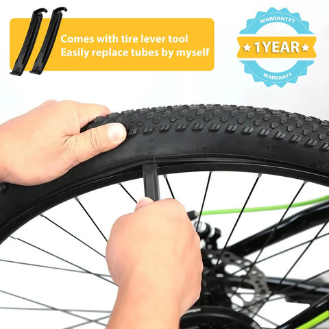 Hands using tire lever to remove tube from bike wheel, 700X25-28C Road Bike Inner Tubes 2 Pack With 48mm Presta Valve Premium Butyl Rubber