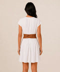 Women Italian Leather Obi Belt In Rich Camel Buttery Soft Full Grain Cowhide Wide Waist Sash over white dress back view