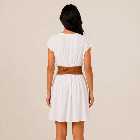 Women Italian Leather Obi Belt In Rich Camel Buttery Soft Full Grain Cowhide Wide Waist Sash over white dress back view