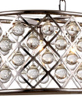 Modern Seven Light Crystal Pendant Fixture With Slick Polished Nickel Finish And Handcrafted Clear Sphere Globes For Dining Rooms close-up view of glimmering crystal spheres.