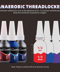 3 pack thread locker set for metal fasteners in red, blue, and purple bottles with high, medium, low strength for secure locking.