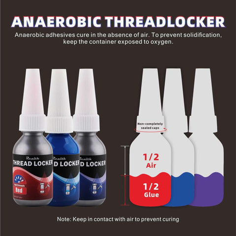 3 pack thread locker set for metal fasteners in red, blue, and purple bottles with high, medium, low strength for secure locking.