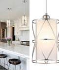 Modern Cylindrical Pendant Light With Frosted Glass Shade In Brushed Nickel For Kitchen Island Lighting Hanging Over Island
