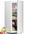 No Fuss Compact Upright Freezer With Six Cubic Feet Capacity, Seven Level Temperature Control, Removable Glass Shelves, Adjustable Legs, Reversible Door, White Stand Up Appliance For Dorms Or Homes with open door showing contents.