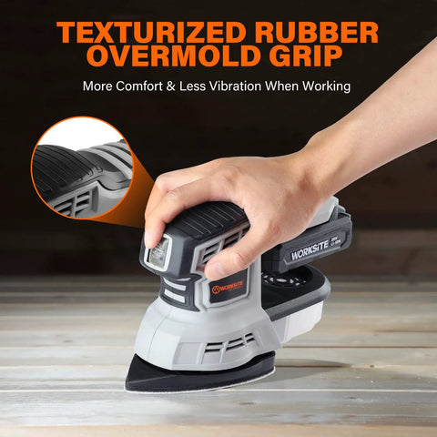 Cordless 20V Max Random Orbital And Detail Sander With 2.0A Battery And Charger, rubber grip feature, hand operation