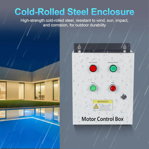 Heavy Duty Motor Control Box With Built In AC Contactor 220V 2HP Single Phase in cold-rolled steel enclosure.