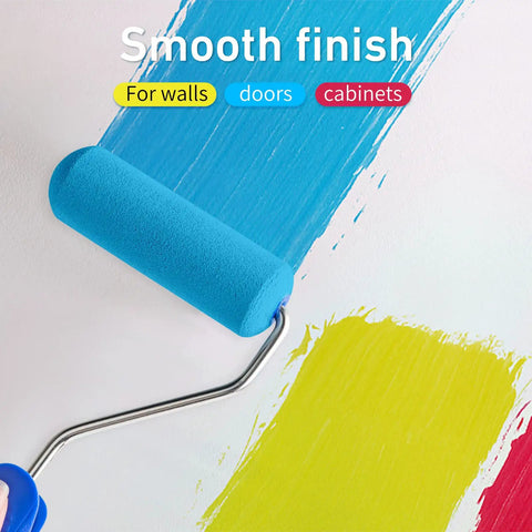 4 Inch Foam Paint Roller Kit Set With 8 Mini Roller Covers Frame Tray And Liner for Smooth Walls on blue paint background