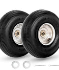 Two Pack 10 Inch Pneumatic Tire And Wheel Set For Hand Trucks And Garden Carts 4.10/3.50-4 With 2.25 Inch Offset Hub And 5/8 Inch Axle Bore Sealed Bearings Replacement Wheel Kit For Dolly Wagon And Utility Cart shown front view with accessories