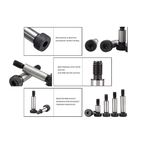 Multiple views of Beefy Heavy-Duty Alloy Steel Shoulder Bolts Set For Tough Applications, 1/2 Inch Diameter, 2 Inch Length, 3/8-16 Threads, Hex Socket, Black Oxide Finish, 5 Pack, showing details and configurations.
