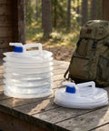 Collapsible Water Container With Spigot 10L Portable Camping Water Jug for hiking, shown collapsed and expanded on wooden bench.