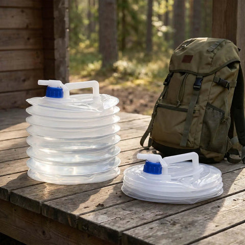 Collapsible Water Container With Spigot 10L Portable Camping Water Jug for hiking, shown collapsed and expanded on wooden bench.