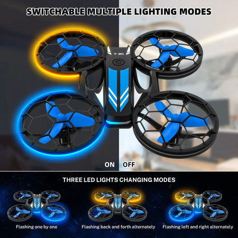 RC Drone With Auto Hovering And Headless Mode Quad Copter With LED Lights And Propeller Guard, blue with lighting modes shown