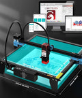 Twotrees TTS-10 Pro laser engraver, blue and black desktop CNC with teal workbed